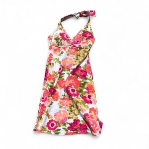 VTG Y2K - Tommy Bahama Pink, Coral & Green Floral Halter Dress